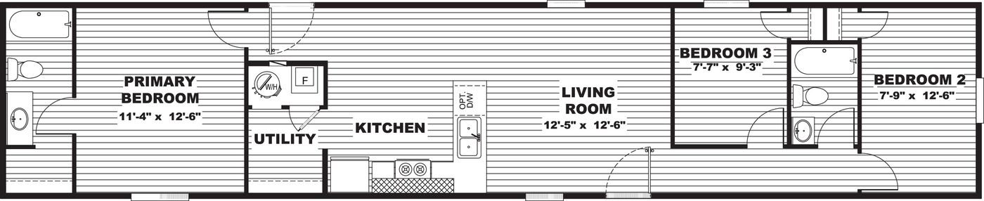 Floor plan of the TRU Hickory: primary bedroom with bath at one end, utility room, kitchen and living room in the middle, and two bedrooms with a bath at the other end